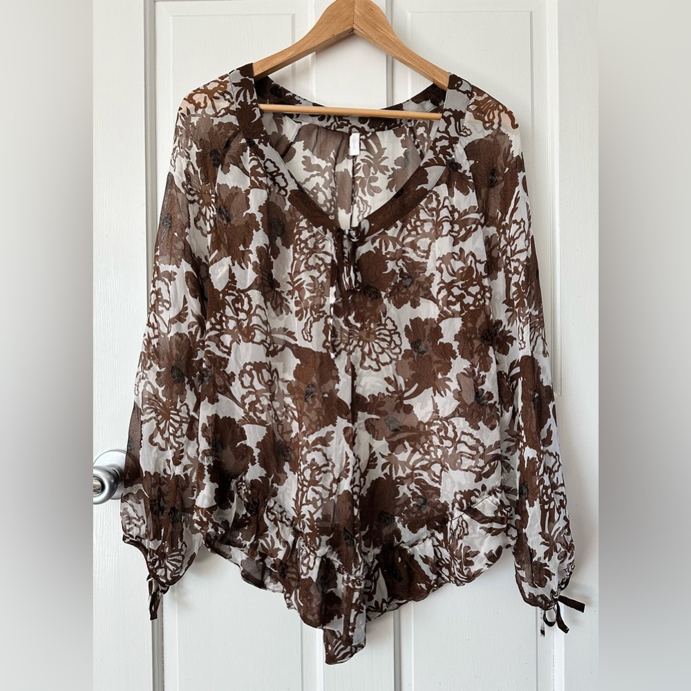 Floral Fairy Sheer Tie-Neck Ruffle Blouse Brown Tunic Top Boho Romantic Size S